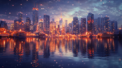 Obraz premium Cityscapes and reflections on the water at dusk during the Christmas and New Year festivals.