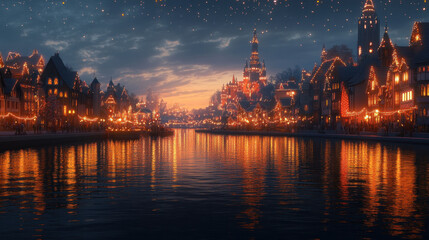 Naklejka premium Cityscapes and reflections on the water at dusk during the Christmas and New Year festivals.