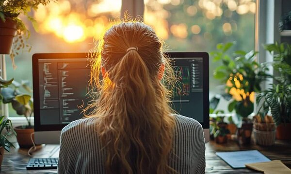 Person working at a computer surrounded by plants at sunset.