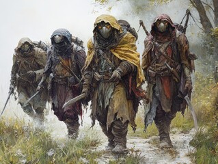 Fototapeta premium A group of mysterious travelers clad in tattered cloaks, walking through a misty forest, evoking a sense of adventure and danger.