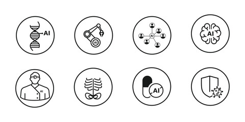 healthcare and medical artificial intelligence icon set. outline style in circle. editable vector eps 10.