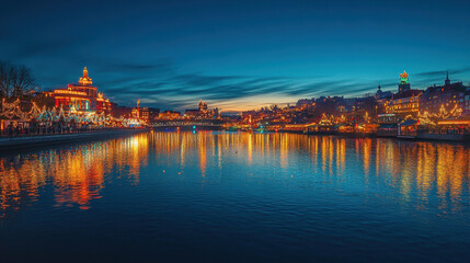 Fototapeta premium Cityscapes and reflections on the water at dusk during the Christmas and New Year festivals.
