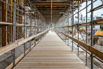 Fototapeta premium A wooden walkway within a construction site surrounded by scaffolding and machinery.