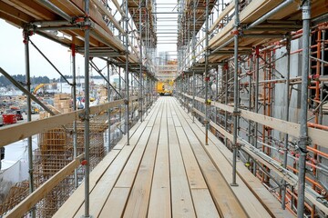 Fototapeta premium A view of scaffolding at a construction site with wooden walkways.