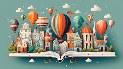 Amazing vibrant canvas of hot air balloons floating across a surreal landscape
