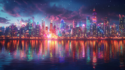 Obraz premium Cityscapes and reflections on the water at dusk during the Christmas and New Year festivals.