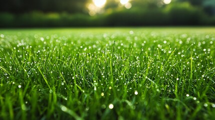Naklejka premium Fresh green grass covered in dew in the early morning light, nature, green, grass, dew, morning, light, fresh