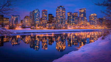 Fototapeta premium Cityscapes and reflections on the water at dusk during the Christmas and New Year festivals.