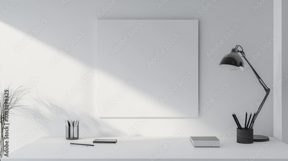 Poster a sleek and modern office space design featuring a pristine white canvas backdrop, minimalist worksp
