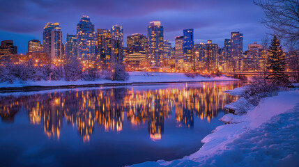 Fototapeta premium Cityscapes and reflections on the water at dusk during the Christmas and New Year festivals.