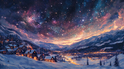 Serene Winter Village Under the Starry Night Sky with Illuminated Cabins Surrounded by Majestic Mountains and a Glimmering Galaxy Above