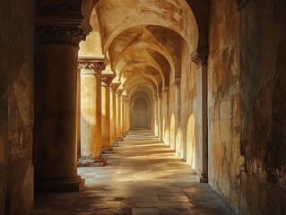 Fototapeta premium A serene corridor featuring arched ceilings and warm lighting, perfect for evoking tranquility and historical ambiance.