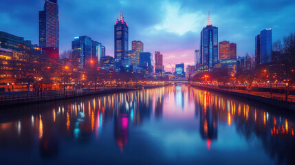 Fototapeta premium Cityscapes and reflections on the water at dusk during the Christmas and New Year festivals.