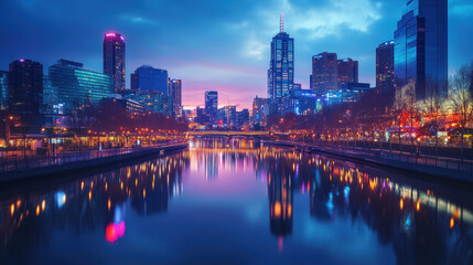 Fototapeta premium Cityscapes and reflections on the water at dusk during the Christmas and New Year festivals.
