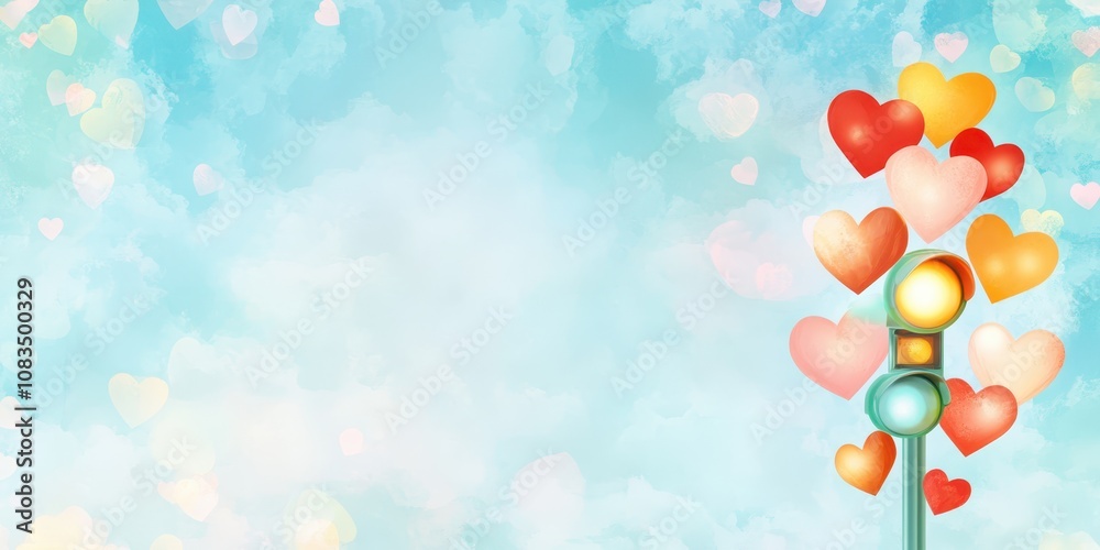 Wall mural colorful heart-shaped balloons floating against a bright blue sky with soft clouds, evoking joy and 
