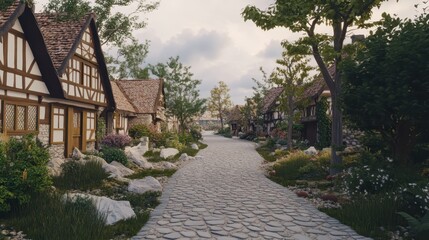Obraz premium A cobblestone path lined with quaint, flower-adorned cottages in a peaceful village, under a soft, cloudy sky. Concept: countryside charm, simplicity.