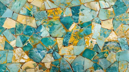 Fototapeta premium A vibrant mosaic of turquoise and gold tiles, showcasing intricate patterns and textures.