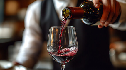 Close-up of red wine being poured into a glass in a fine dining setting.