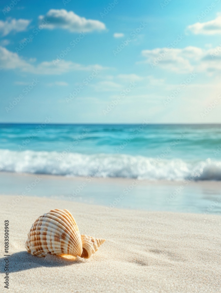 Aufkleber a single seashell lies on a sandy beach, with calm ocean waves lapping softly in the background unde