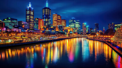 Naklejka premium Cityscapes and reflections on the water at dusk during the Christmas and New Year festivals.