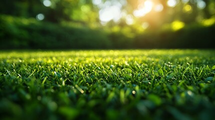 Naklejka premium Green and vibrant grass on a soccer field, close up with beautiful bokeh and stripes , Soccer, Field, Grass, Green, Bright