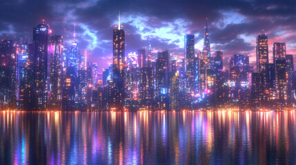 Fototapeta premium Cityscapes and reflections on the water at dusk during the Christmas and New Year festivals.