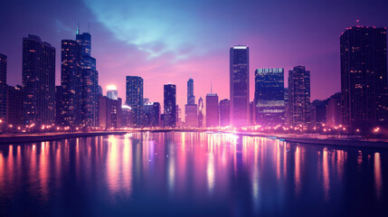 Fototapeta premium Cityscapes and reflections on the water at dusk during the Christmas and New Year festivals.