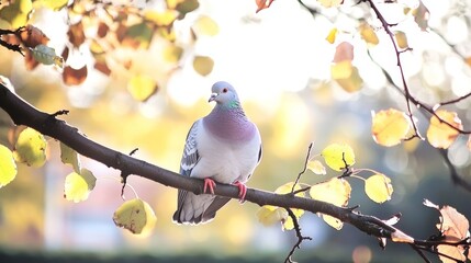 Obraz premium Serene Pigeon Perched on Branch Amidst Autumn Foliage