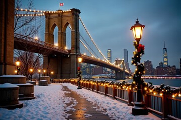 Brooklyn Bridge adorned with warm white Christmas lights and garlands, art deco lampposts wrapped in red ribbons, snowy path, Manhattan skyline glowing golden, East River reflecting at winter dusk