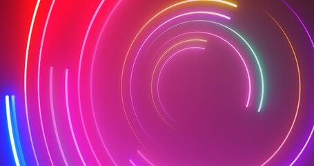 Obraz premium 3d Neon circles moving loop. Show starter intro background for videos, titles. Glowing circles light laser like glowing geometric 3d hypnotizing clip. Striped neon club bg. Illuminated swirl curve.