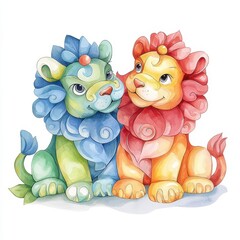 Naklejka premium Whimsical illustration of two colorful cartoon lions with vibrant manes, perfect for children's art or decor.