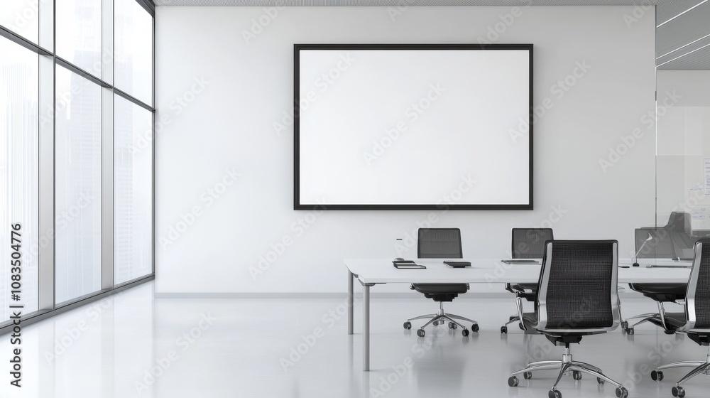 Poster a sleek minimalist workspace featuring a white canvas backdrop, functional furniture arrangement in 