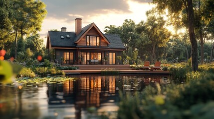 Obraz premium The golden sunset hugs this idyllic waterfront house with lush surroundings and a peaceful atmosphere