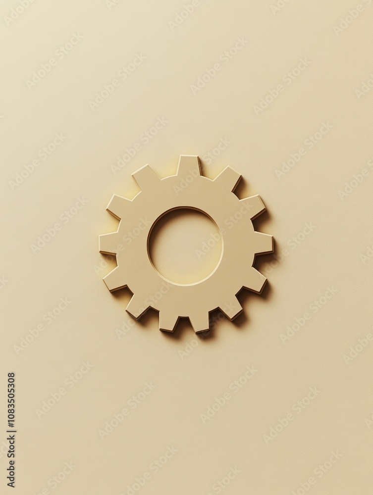 Poster the gear symbol in a soft beige color sits centrally on a light background, highlighting themes of i