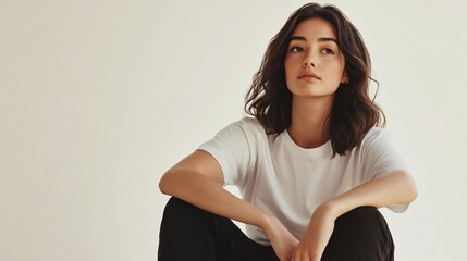 Obraz premium Young woman with long dark hair sitting in a relaxed pose, wearing a simple white t-shirt and black pants, showcasing natural beauty against a neutral background