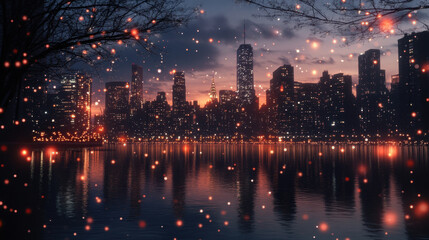 Obraz premium Cityscapes and reflections on the water at dusk during the Christmas and New Year festivals.