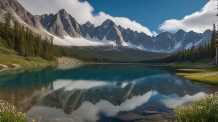 Fototapeta premium Serene mountain lake reflecting peaks.