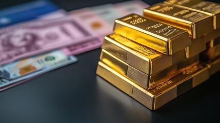 On a black background, gold bars, US bills, and the American flag
