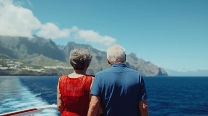 Fototapeta premium A couple gazes at a scenic coastline from a cruise ship, enjoying a serene moment together.