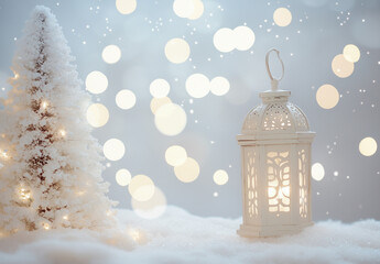 A small, snowy Christmas tree with lights, next to a white lantern, on a snowy background with blurry lights