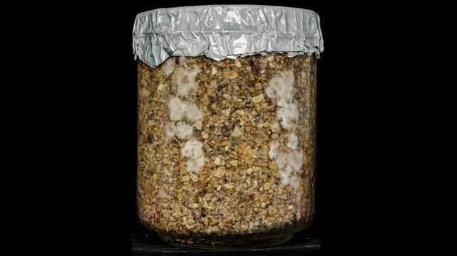 mushroom mycelium growing in pf tek jar time lapse