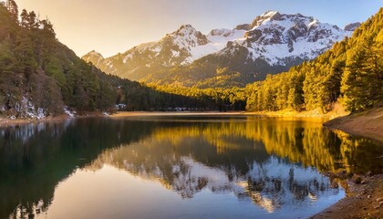 Fototapeta premium Golden Sunlight Reflecting Off the Calm Waters of a Mountain Lake, Surrounded by Pine Forests and Snow-Capped Peaks, Captured at Sunset for a Majestic Landscape Scene