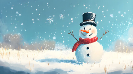 Fototapeta premium Cheerful snowman with top hat and scarf in snowy landscape