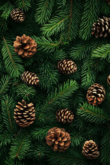 Fototapeta premium Fir and spruce branches and cones green needle abstract background Christmas texture.