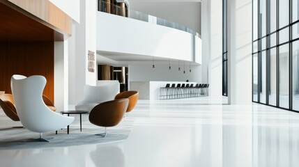 A stylish and contemporary hotel lobby design boasting a pristine white canvas backdrop, Minimalist lobby furnishings arranged for comfort and style, Modern minimalist style
