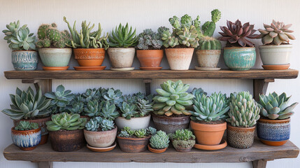 Fototapeta premium A collection of various potted cacti. Indoor plants in pots with cacti on a white shelf against a white wall background.