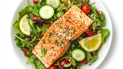 Salmon and Quinoa Salad: A Top View of Fresh Ingredients with Cucumber and Lemon, Captured in High-Resolution Soft Lighting for Commercial Food Photography.