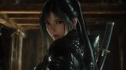 Naklejka premium A detailed character in dark armor with a sword, set in a rustic wooden environment.