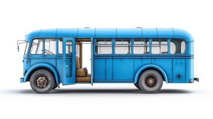 A blue public bus with open doors, isolated on white background