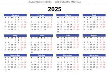 2025 year english vector business calendar 12 months. Week starts monday